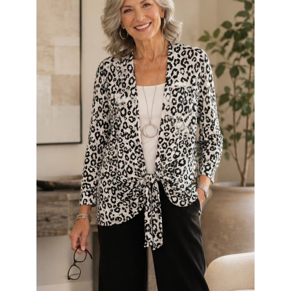 Chico's Black White Leopard Print Tie Front Cardigan XL 3 Long Balloon Sleeve